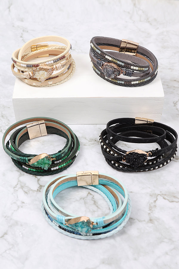 Druzy Stone Leather Wrap Magnetic Bracelet - Jewelry & Accessories - Bracelets & Bangles - Wrap Bracelets