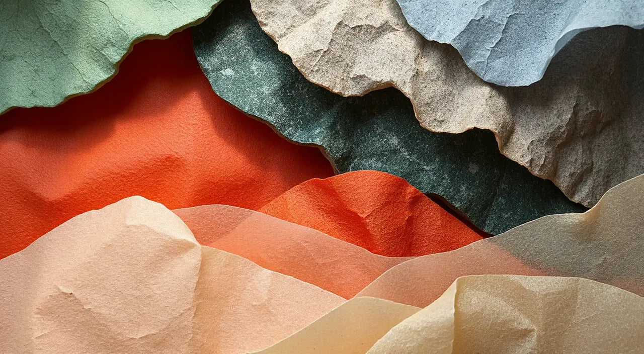 Layered color palette with textures and seasonal mood symbols