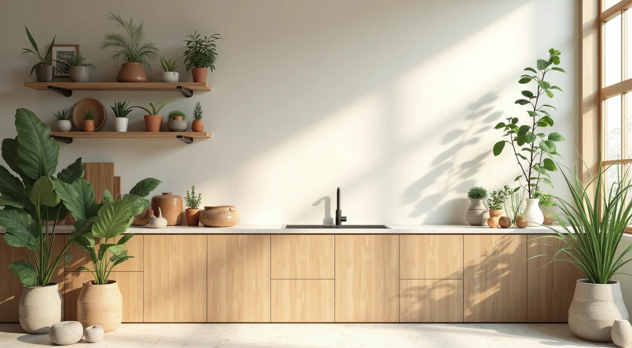 Natural wood textures, stone surfaces, and living plants creating organic kitchen aesthetic