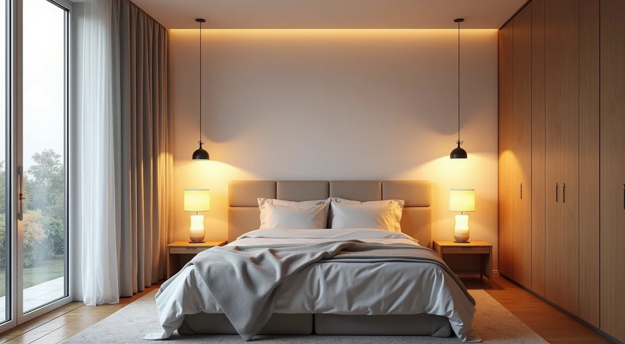 Layered lighting approach combining overhead fixtures, desk lamps, and soft accent lights creating functional bedroom zones.