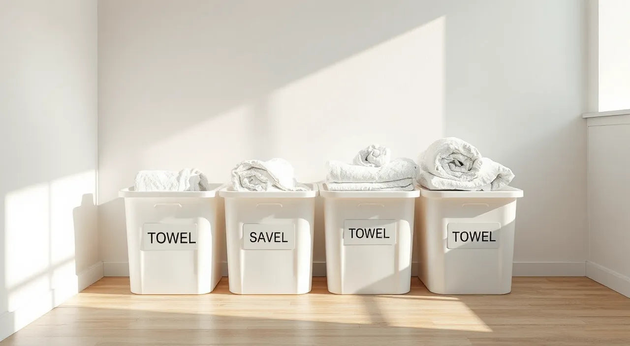 Fresh laundry rotation with dry, labeled towel bins