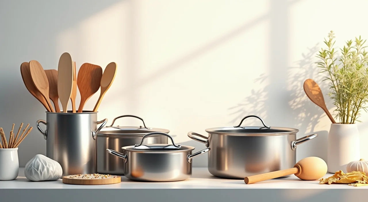 Assorted stainless steel pots, ceramic cookware, and wooden utensils arranged on kitchen counter with natural lighting