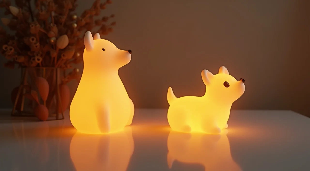 Glowing ceramic animal figurines casting warm ambient light in home interior spaces.