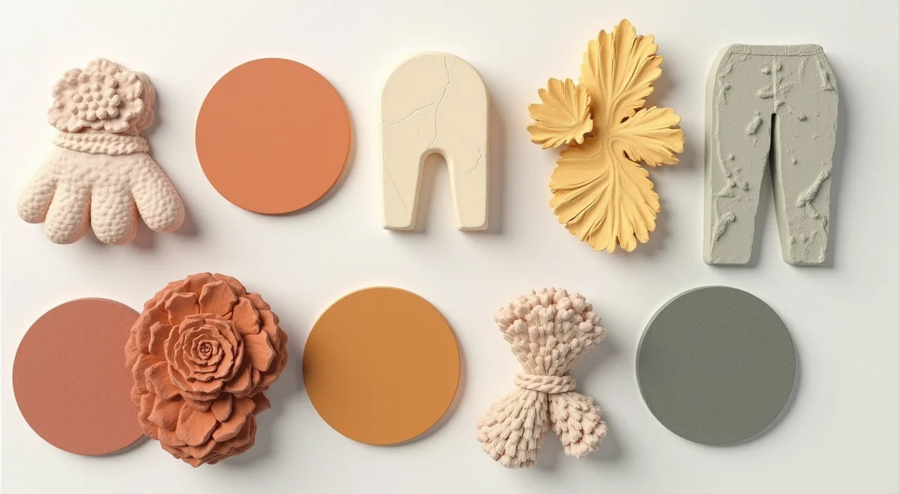 Color swatches and texture samples arranged for interior design cohesion