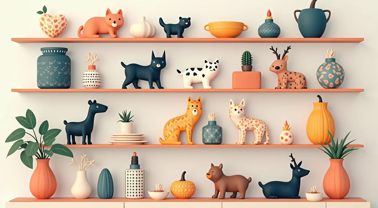 Diverse collection of artistic animal-themed home décor items arranged on shelves.