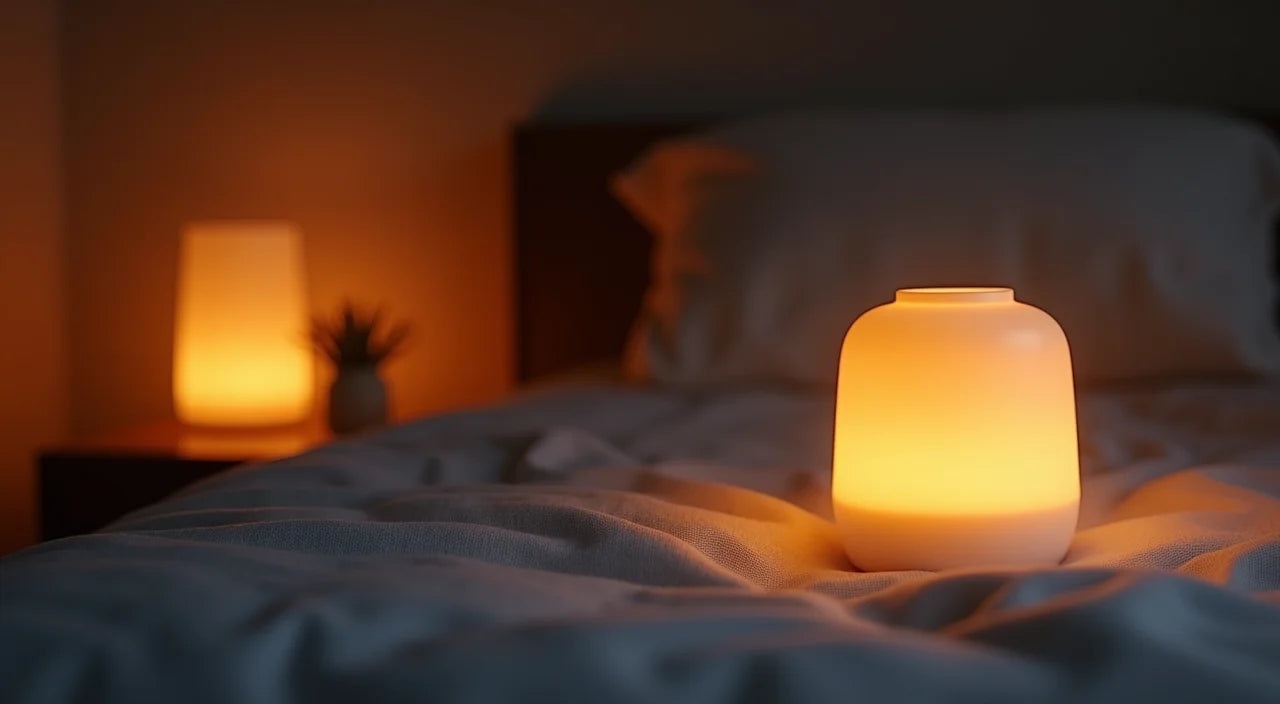 Warm ceramic night lights casting gentle ambient glow throughout a cozy bedroom environment.