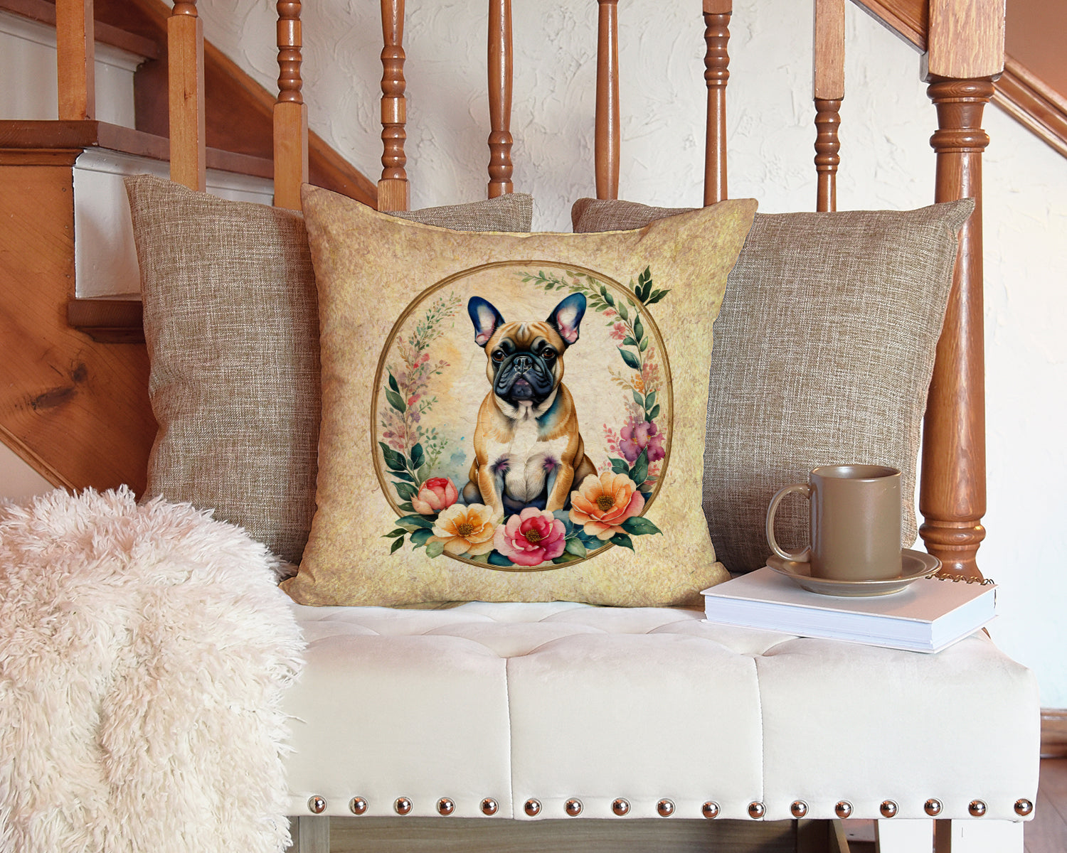 Fawn French Bulldog and Flowers Throw Pillow - One Color / One Size - Home & Garden - Home Textile - Pillows