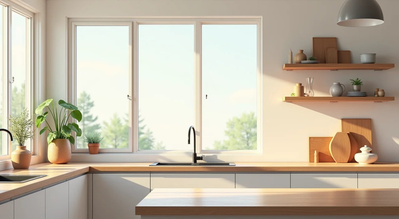 Kitchen natural light streaming through windows illuminating custom wall decor and accents