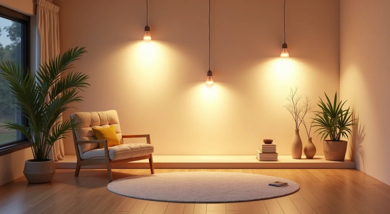 Layered lighting setup with nature-inspired fixtures creating ambient and task illumination