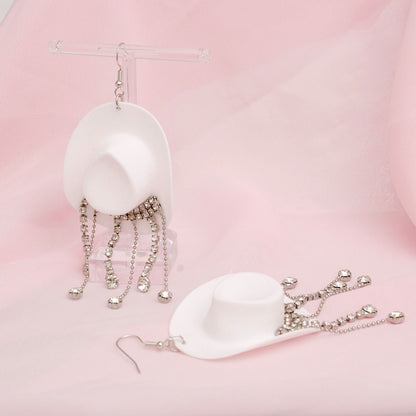 Fish Hook White Cowgirl Hat Fringe Earrings
