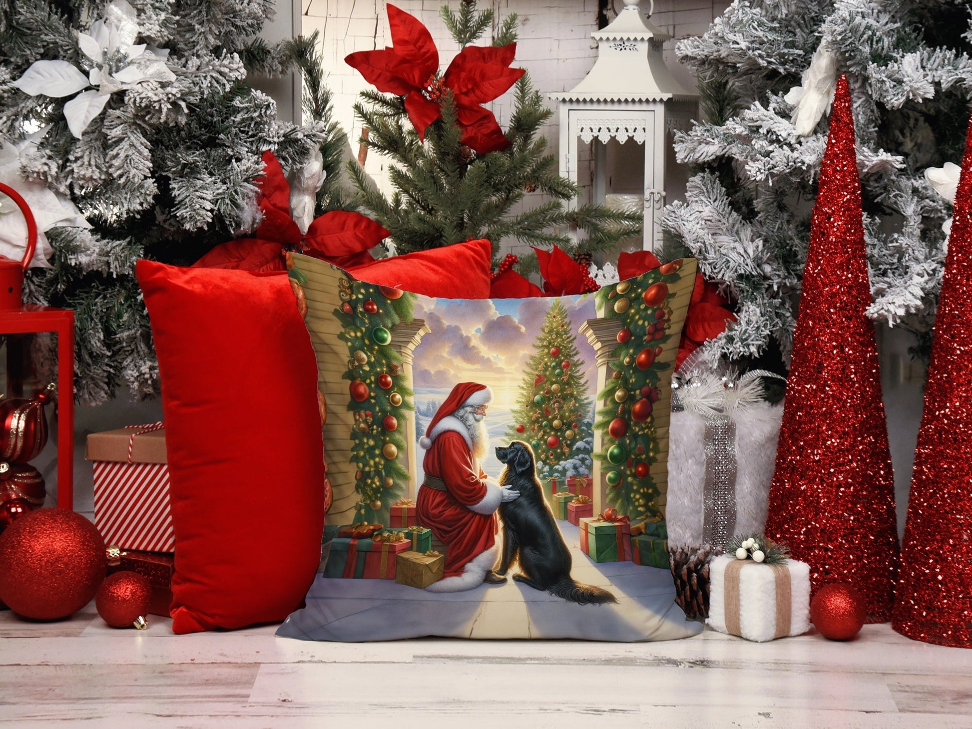 Flat-Coated Retriever and Santa Claus Throw Pillow - One Color / One Size - Home & Garden - Home Textile - Pillows