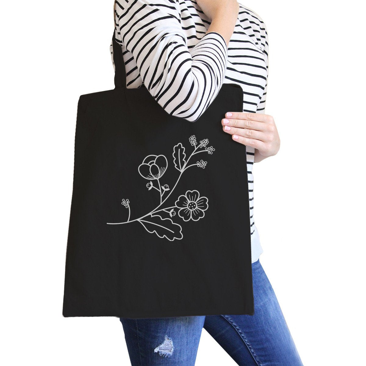 Flower Black Cotton Canvas Tote Bag Cute Gift Ideas for Friends - One Color / One Size - Bags & Luggage - Women’s Bags