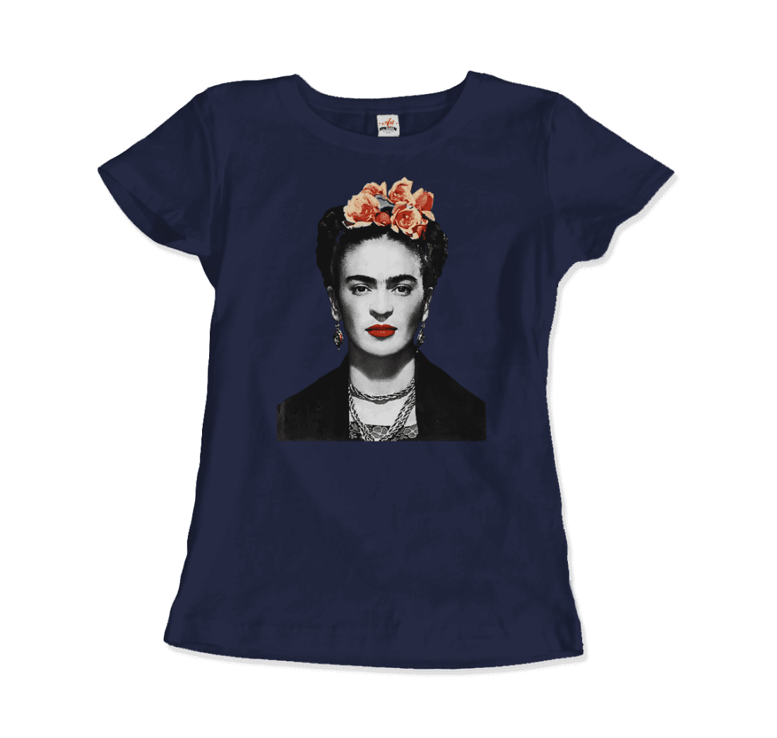 Frida Kahlo With Flowers Portrait Artwork T-Shirt - Women (Fitted) / Navy / S - Men’s Fashion - Men’s Clothing - Shirts