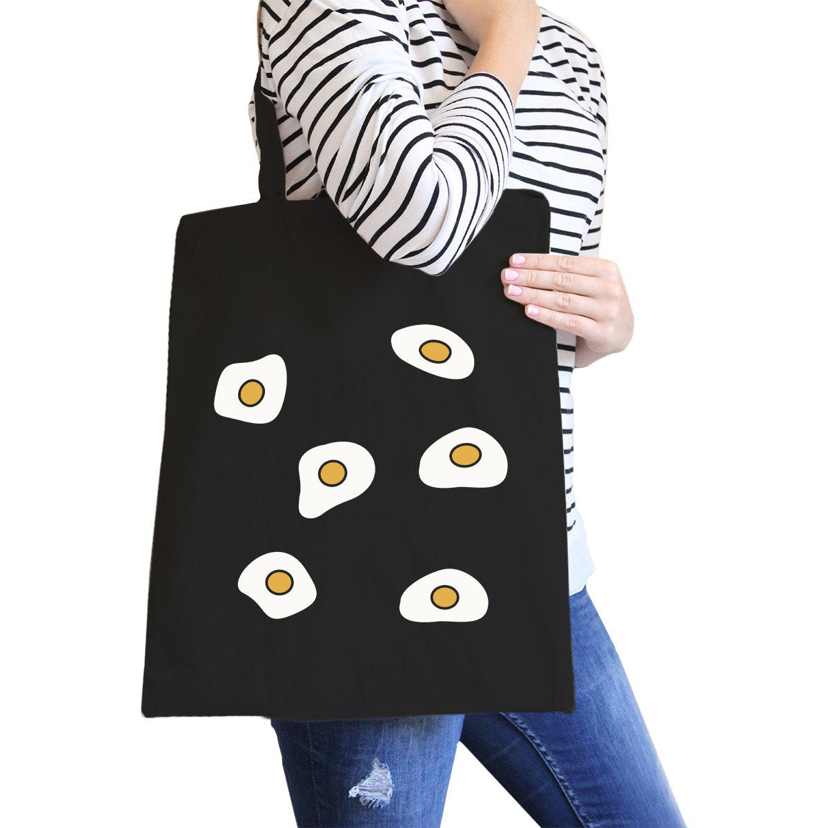 Fried Egg Pattern Black Canvas Tote Bag - One Color / One Size - Bags & Luggage - Women’s Bags