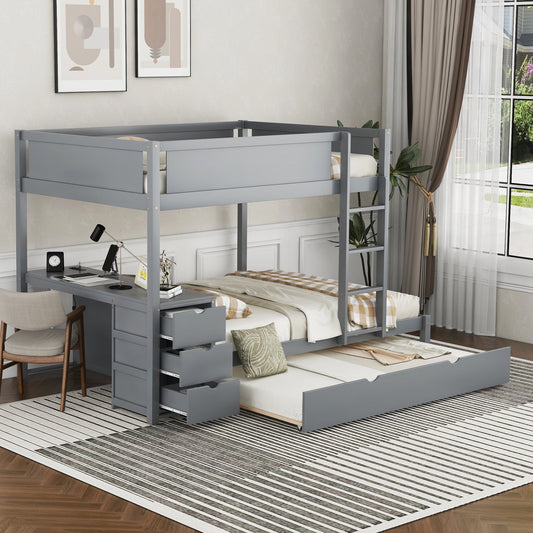 Full-Over-Full Bunk Bed With Twin Trundle Built-In Storage and Desk Unit - Gray - Home & Garden - Furniture