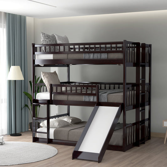 Full-Over Triple Bed With Built-In Ladder and Slide Triple Bunk Bed With Guard - One Color / One Size - Home & Garden
