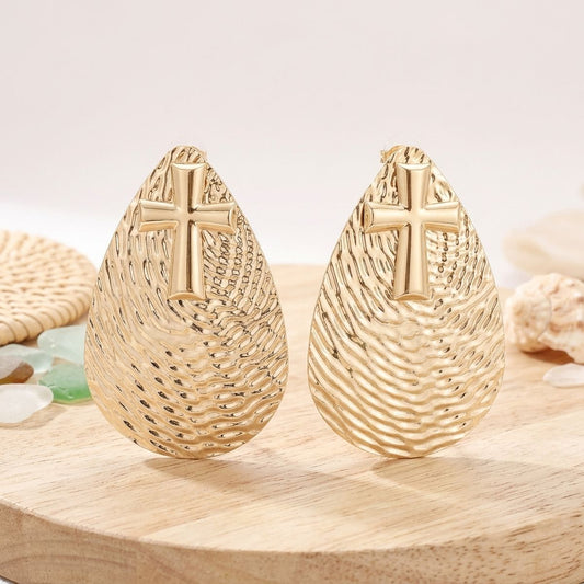 Gold Textured Teardrop Cross XL Stud Earrings
