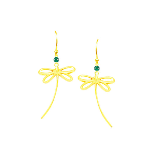 Golden Dragonfly Green Onyx Long Dangle Earrings - One Color / One Size - Jewelry & Accessories - Earrings - Drop