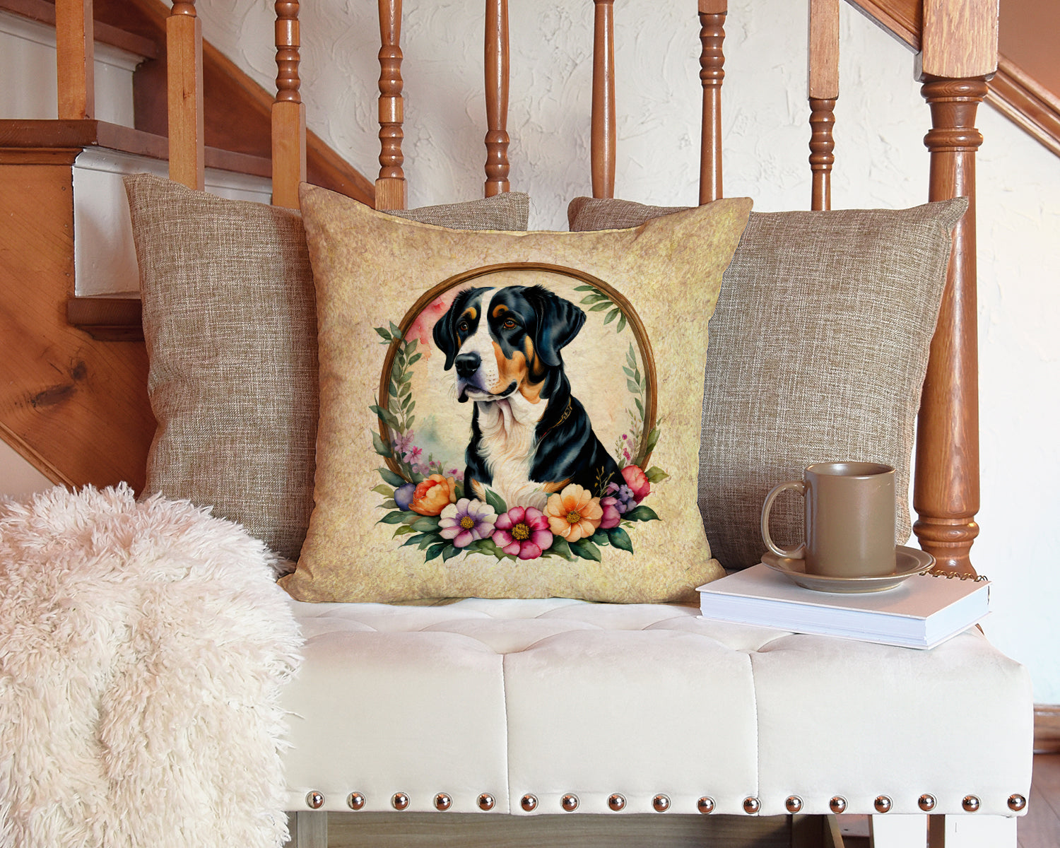 Greater Swiss Mountain Dog and Flowers Throw Pillow - One Color / One Size - Home & Garden - Home Textile - Pillows