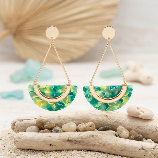 Green Marbled Half Moon Gold Drop Earrings