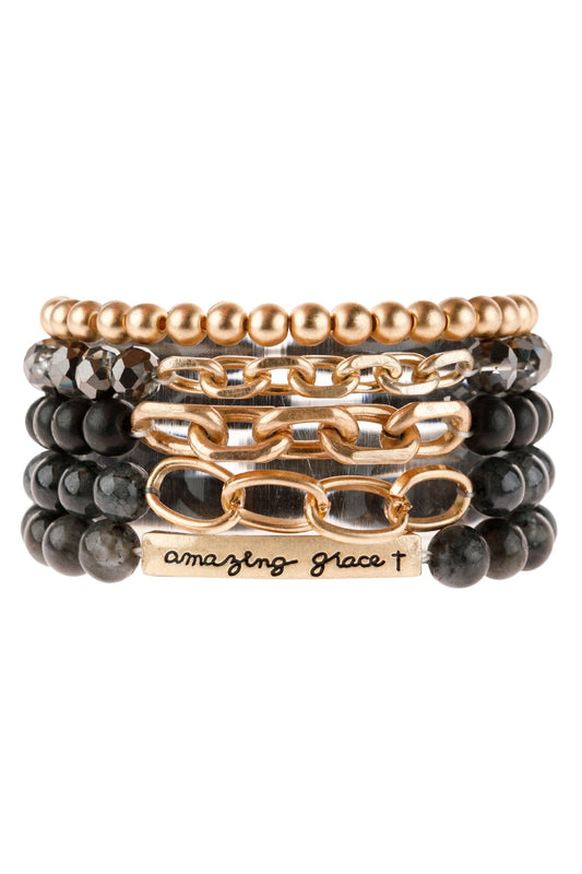 Hdb2995 - ’Amazing Grace’ Charm Multiline Beaded Bracelet - BLACK - Jewelry & Accessories - Bracelets & Bangles - Charm