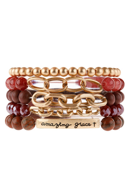Hdb2995 - ’Amazing Grace’ Charm Multiline Beaded Bracelet - BURGUNDY - Jewelry & Accessories - Bracelets & Bangles