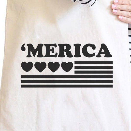 Heart ’Merica Natural Canvas Tote Cute American Flag Canvas Bag - One Color / One Size - Bags & Luggage - Women’s Bags