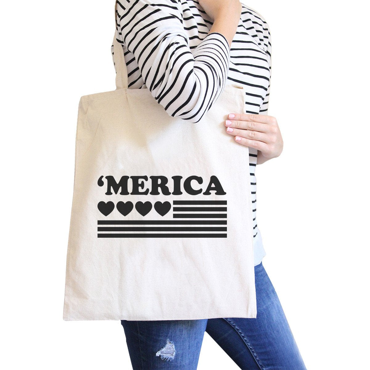 Heart ’Merica Natural Canvas Tote Cute American Flag Canvas Bag - One Color / One Size - Bags & Luggage - Women’s Bags