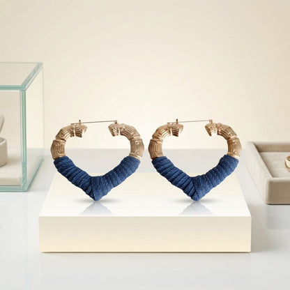 Hoop Denim Wrapped Gold Bamboo Heart Earrings