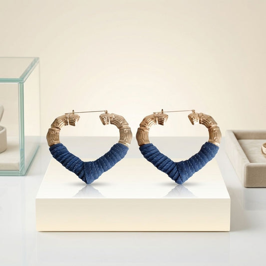 Hoop Denim Wrapped Gold Bamboo Heart Earrings