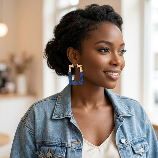 Hoop Denim Wrapped Gold Bamboo Rectangle Earrings