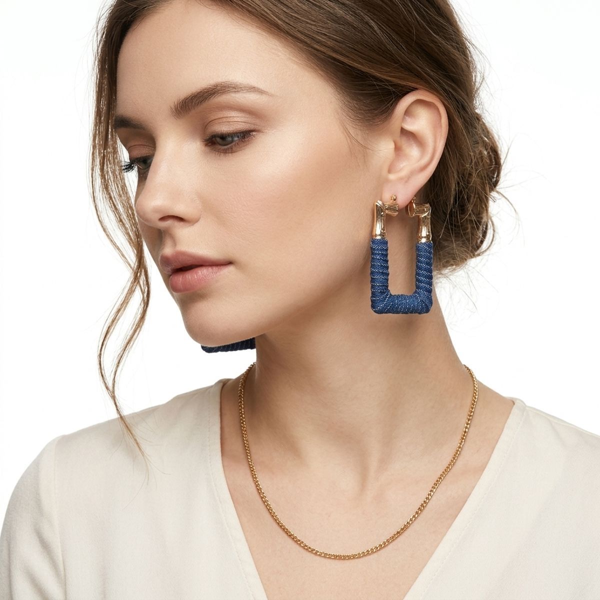 Hoop Denim Wrapped Gold Bamboo Rectangle Earrings