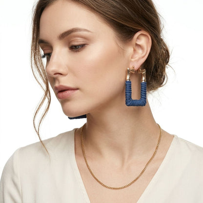 Hoop Denim Wrapped Gold Bamboo Rectangle Earrings