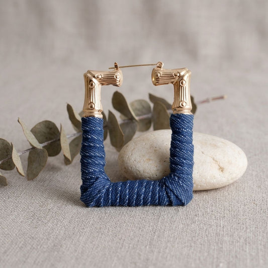 Hoop Denim Wrapped Gold Bamboo Rectangle Earrings