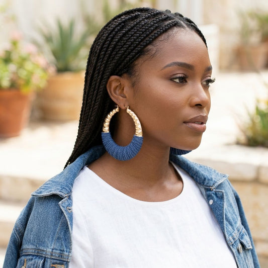 Hoop Denim Wrapped Thick Gold Bubble Earrings