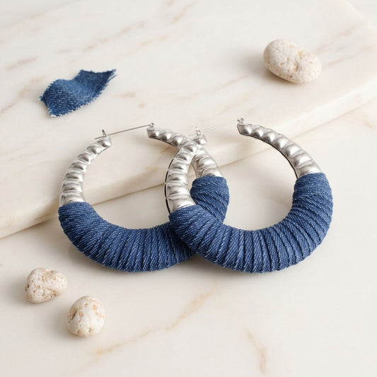Hoop Denim Wrapped Thick Silver Bubble Earrings