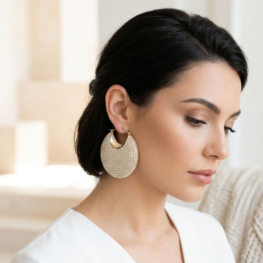 Hoop Rhinestone Covered Crescent Puffy Earrings