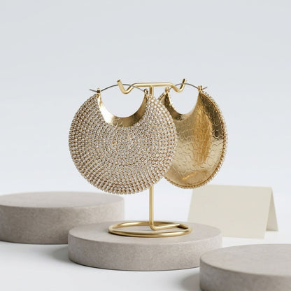 Hoop Rhinestone Covered Crescent Puffy Earrings