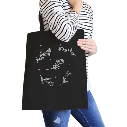 Icon Floral Pattern Black Canvas Bag Versatile Tote Bag for Teacher - One Color / One Size - Bags & Luggage - Women’s