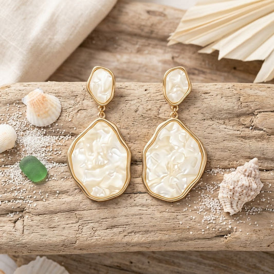 Ivory Pearlescent Organic Teardrop Gold Earrings