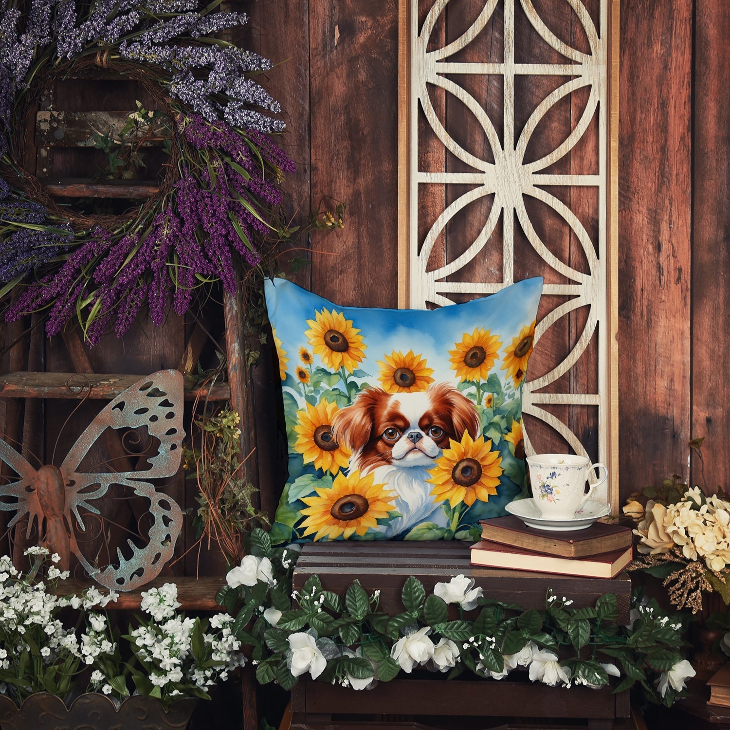 Japanese Chin in Sunflowers Throw Pillow - One Color / One Size - Home & Garden - Home Textile - Pillows