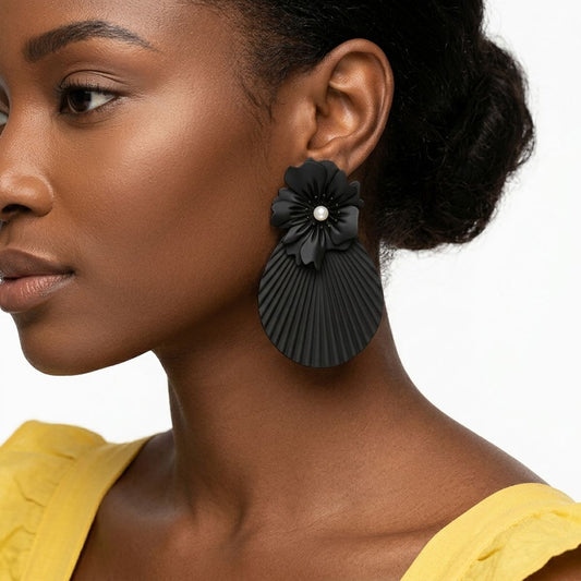 Large Stud Black Flower Fanned Teardrop Earrings