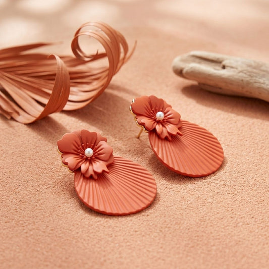 Large Stud Orange Flower Fanned Teardrop Earrings
