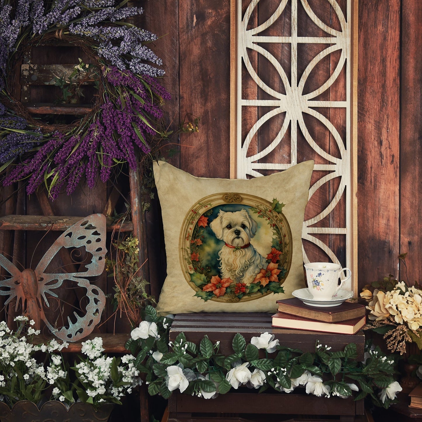 Maltese Christmas Flowers Throw Pillow - One Color / One Size - Home & Garden - Home Textile - Pillows