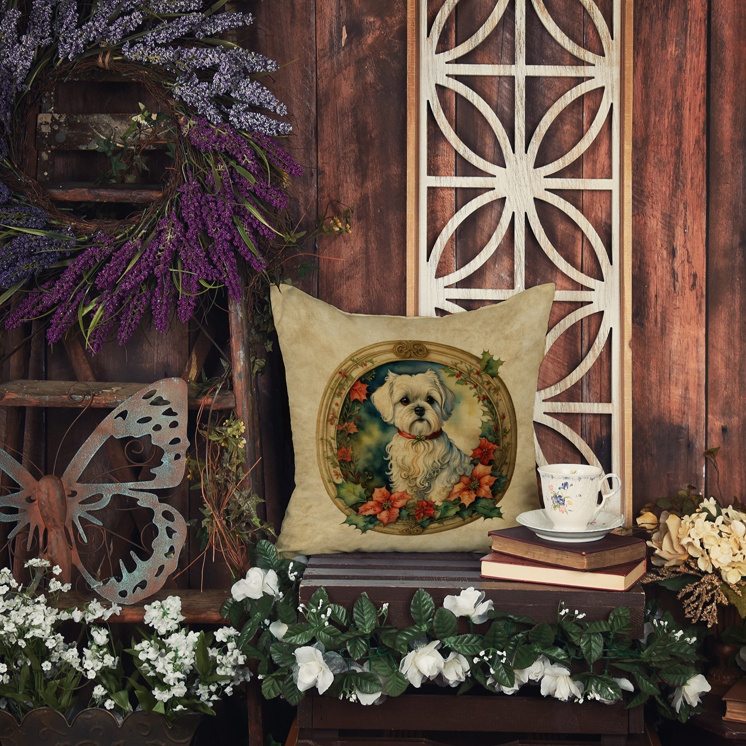 Maltese Christmas Flowers Throw Pillow - One Color / One Size - Home & Garden - Home Textile - Pillows