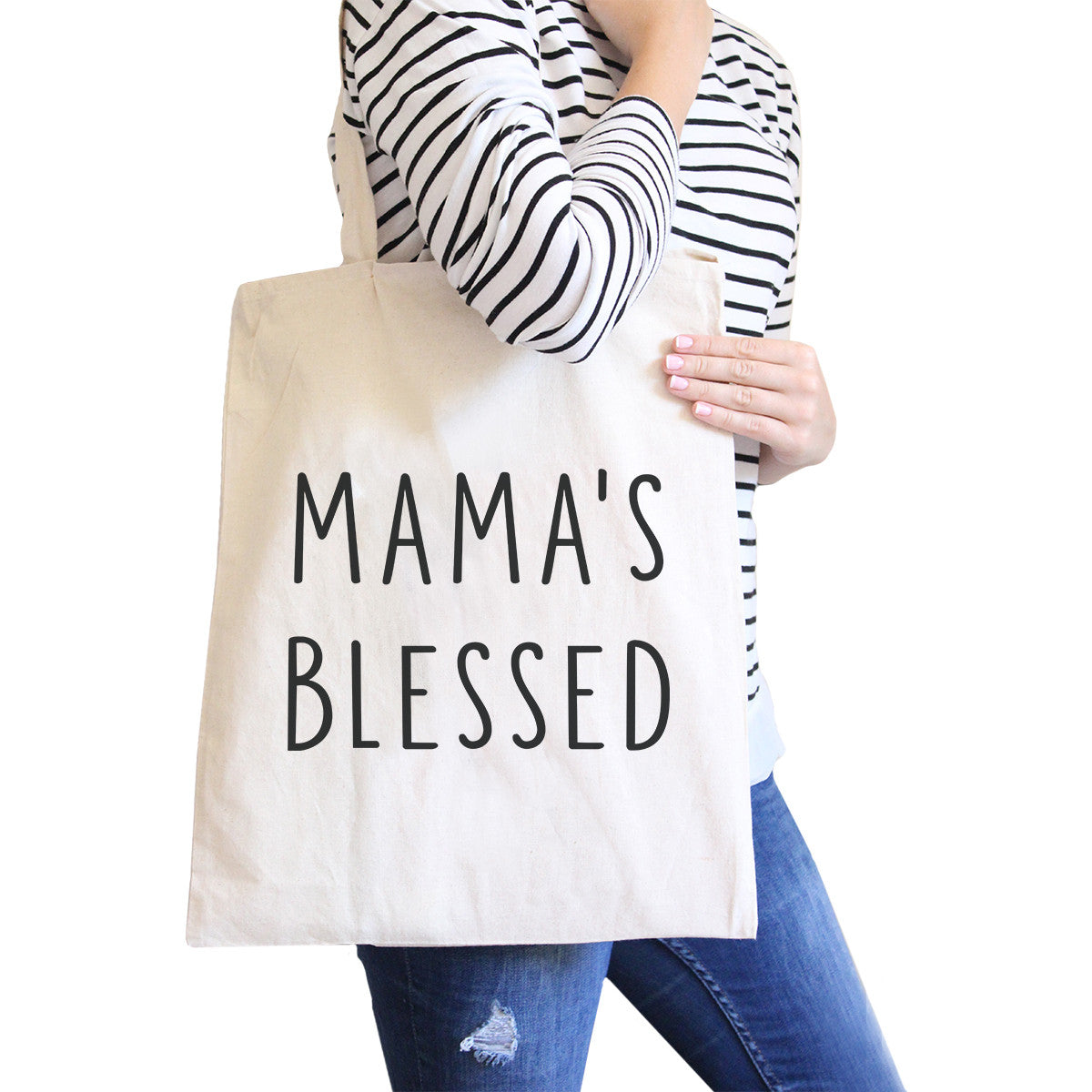 Mama’s Blessed Natural Canvas Tote Bag Simple Design Funny Graphic - One Color / One Size - Bags & Luggage - Women’s