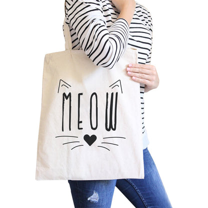 Meow Canvas Shoulder Bag Cute Cat Lover Gifts Foolable School Tote - Natural - Bags & Luggage - Women’s Bags