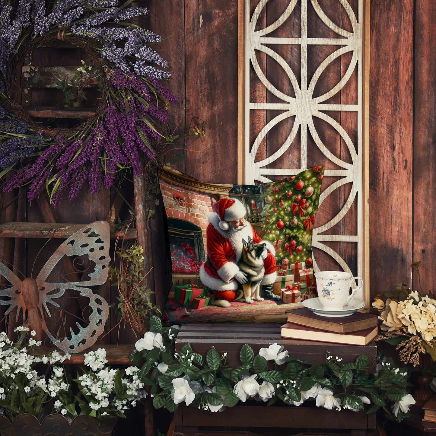 Norwegian Elkhound and Santa Claus Throw Pillow - One Color / One Size - Home & Garden - Home Textile - Pillows