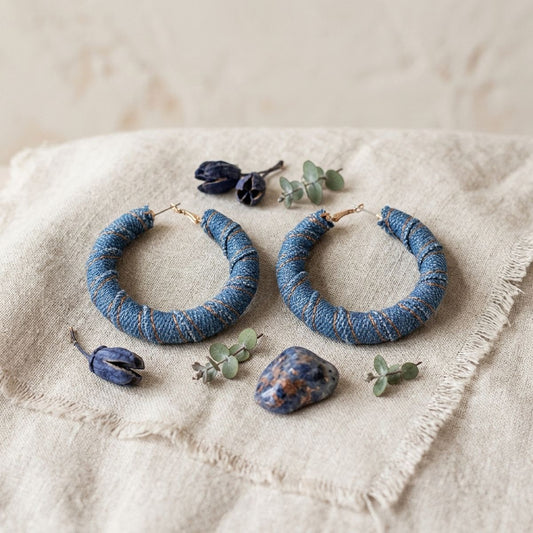 Open Hoop Wide Denim Wrapped Earrings