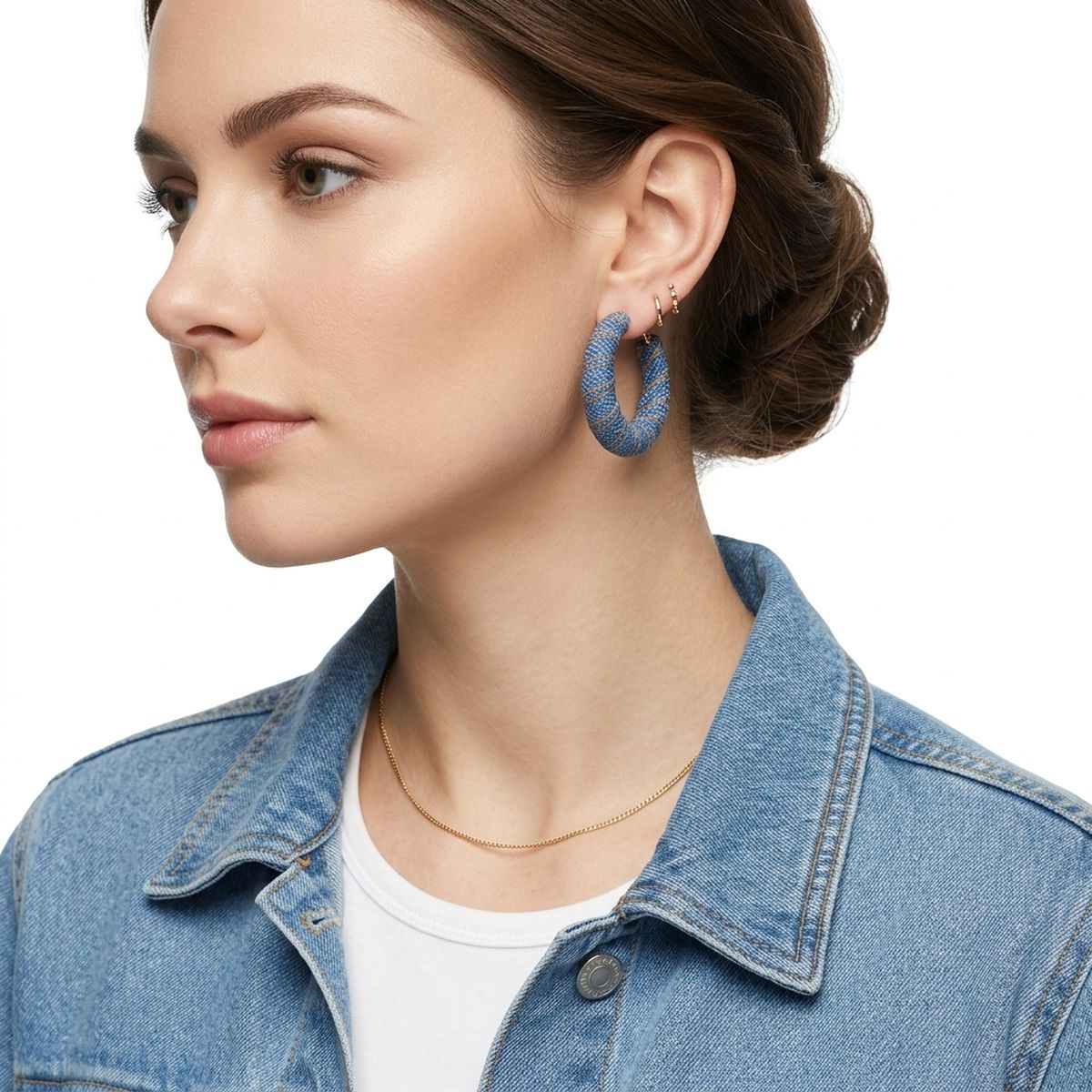 Open Hoop Wide Denim Wrapped Earrings